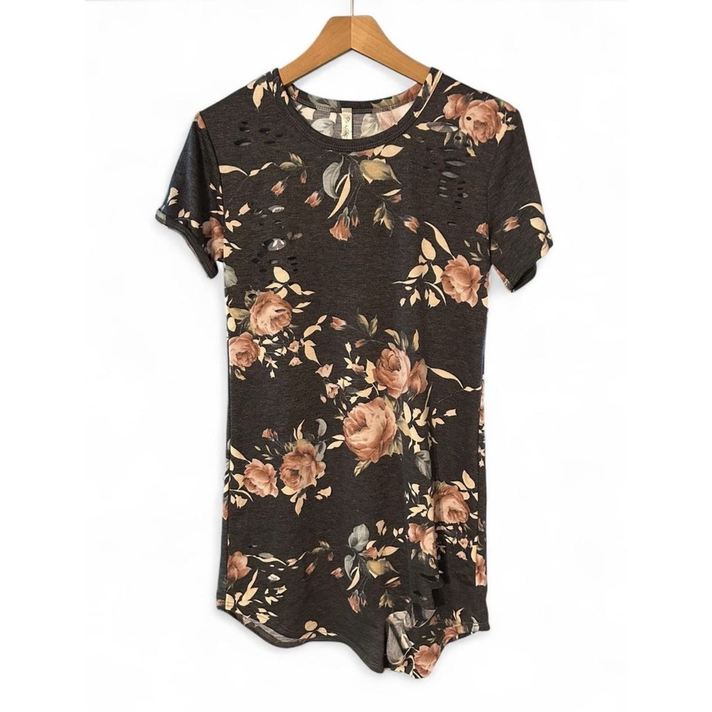 Pinklicious Black Floral Short Sleeve Blouse Size Small Distressed Design Top